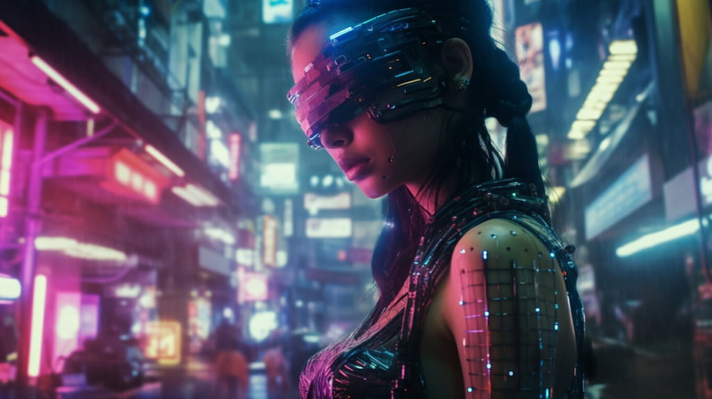 A woman with cybernetic enhancements stands in a neon-lit futuristic cityscape