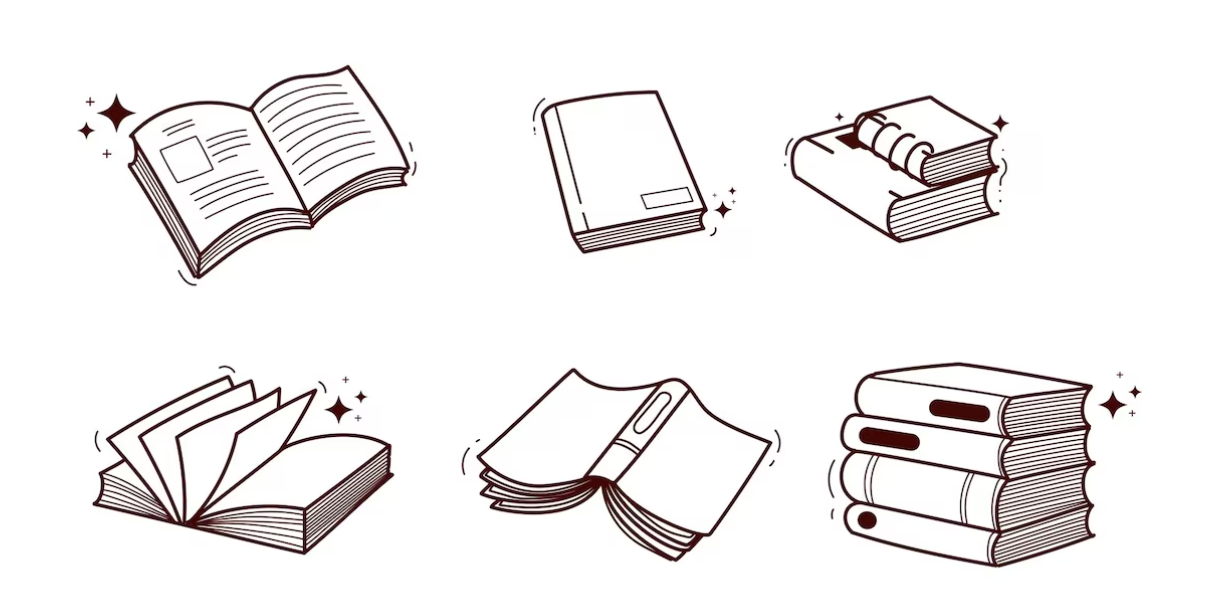 line drawings of five books in various states—open, closed, stacked, and with a bookmark