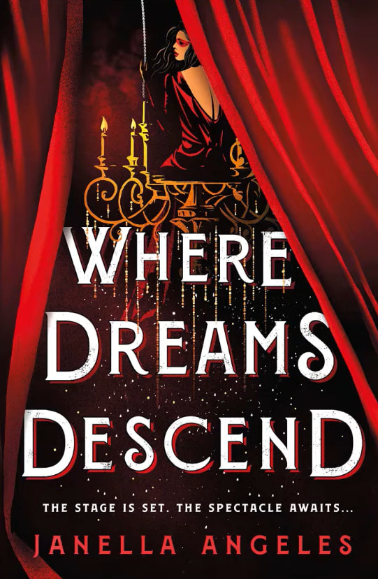 A book cover with a woman, candles, and bold red curtains titled Where Dreams Descend