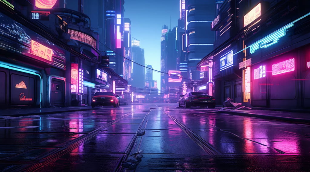 A desolate, rain-slicked street in a vibrant, neon-lit futuristic city at dusk