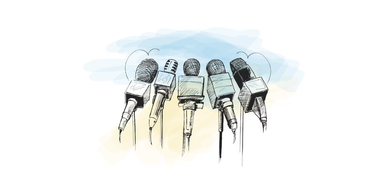 A cluster of microphones awaits a speaker against a sketched, pale blue background