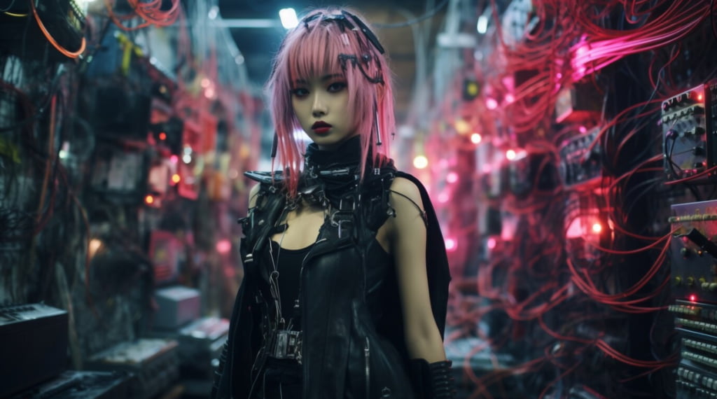 A woman with pink hair in a cyberpunk outfit stands amidst tangled wires and neon lights