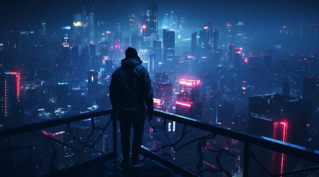 A solitary figure stands overlooking a sprawling neon-lit metropolis under a rainy night sky