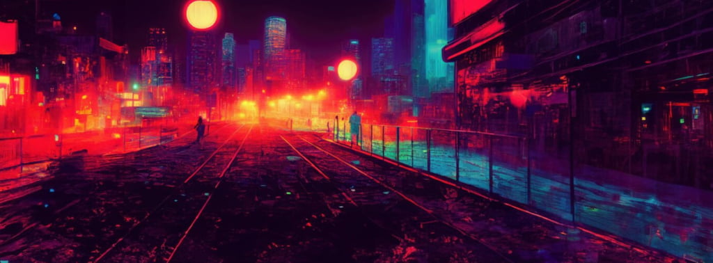 cyberpunk-inspired cityscape glows under a crimson sky with silhouettes of people and buildings