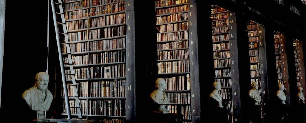 old library shelves with ancient philosophers and a stepladder