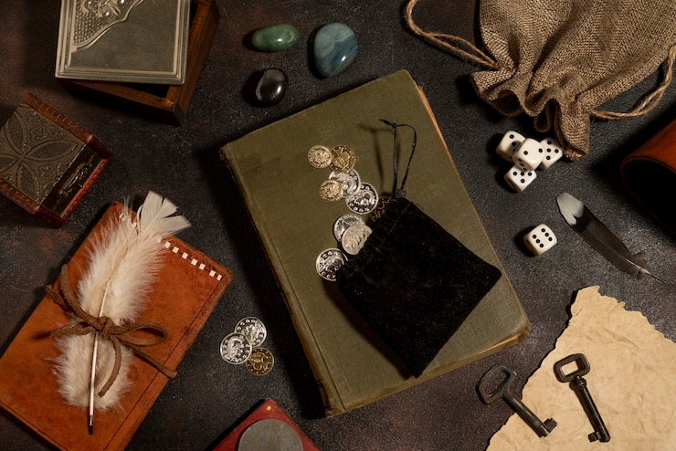 an overhead view of a desk with an antique book, keys, a notebook bound with twine and a quill, coins, and dice