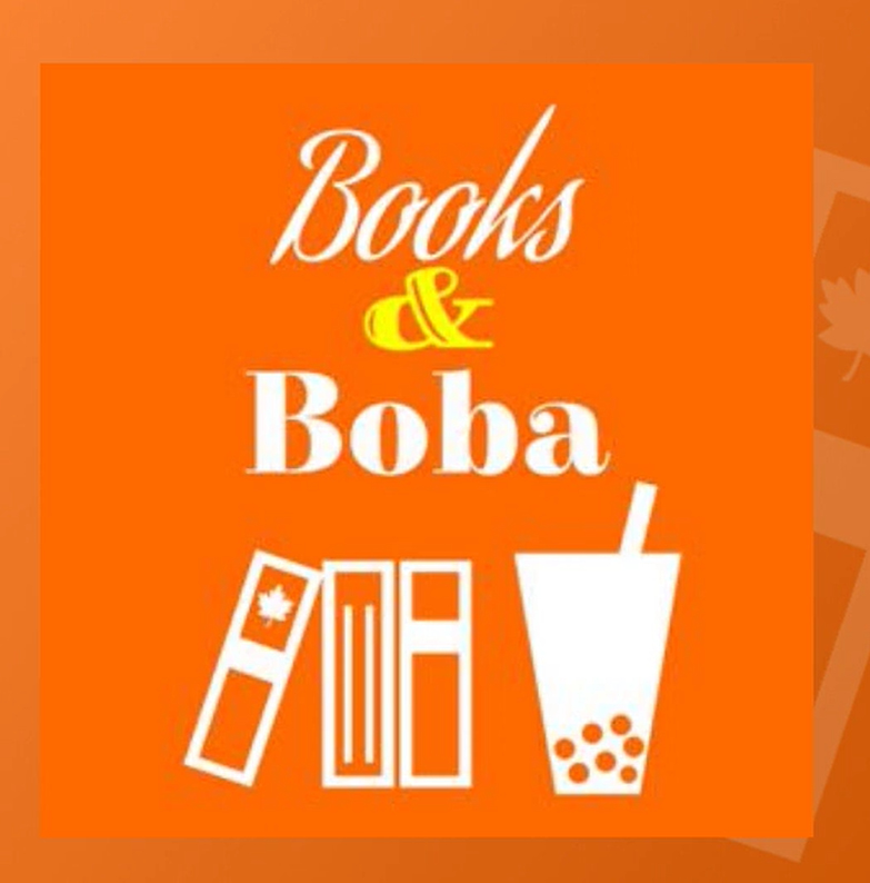 Logo with "Books & Boba" text, depicting books and a cup of boba tea